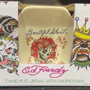 Ed Hardy Skull and Floral Takeout Bowl with Chopsticks